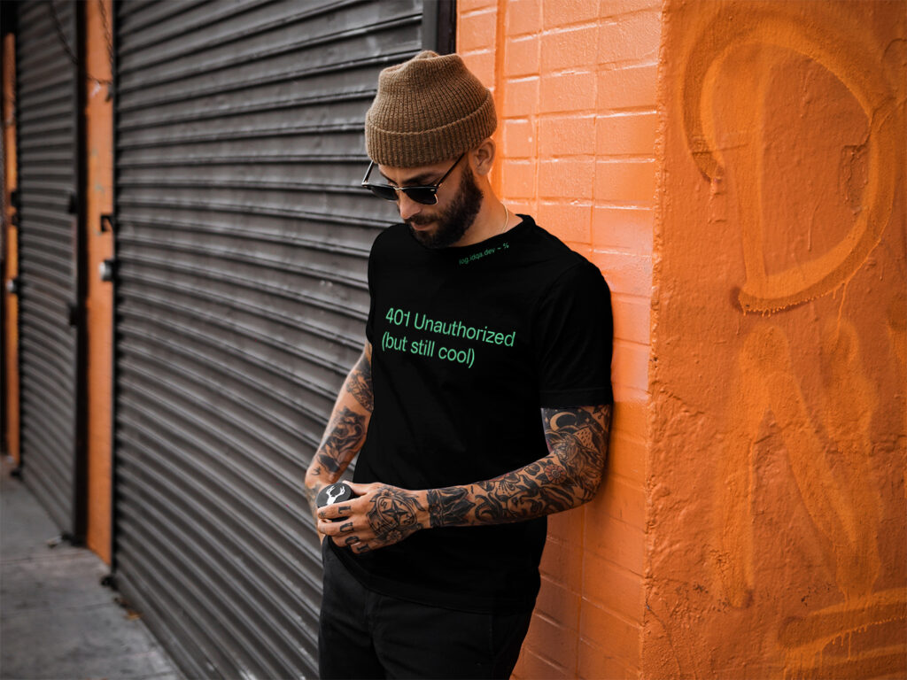 One of our community members wearing the '401 Unauthorized (but still cool)' Identiqa developer shirt
